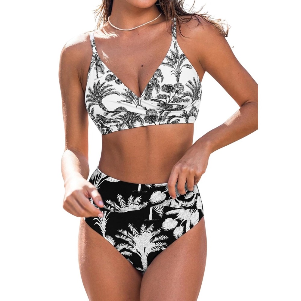 Cupshe Womens‎ Polyester Bikini Set Tropical High Waist XL Black White